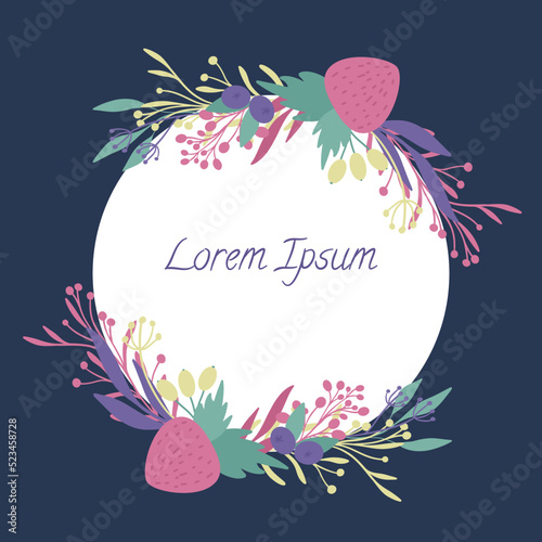 Dark blue background with white circle in the middle, two strawberry wreaths around. Vector illustration.