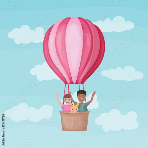 Balloon with children. Different black and white children in a hot air balloon. Funny kids are flying in a balloon and waving their hands. Funny travelers. Vector illustration