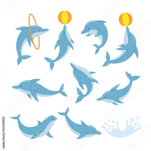 Obraz Set of funny dolphins jump and swim vector illustration