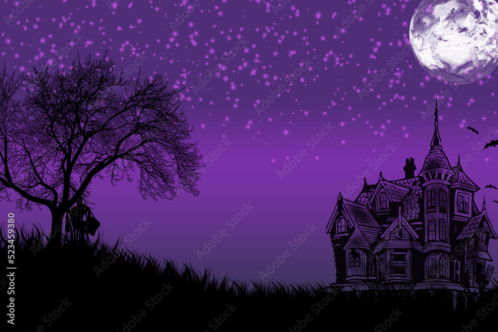 Halloween night spooky background with pumpkins and flying bats. 