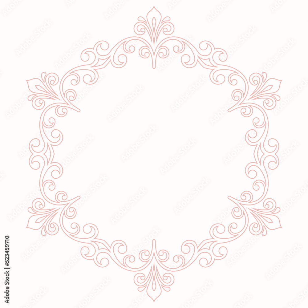 Oriental vector round frame with arabesques and floral elements. Floral pink border with vintage pattern. Greeting card with circle and place for text