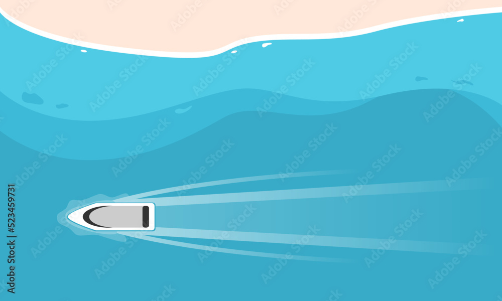 White speed boat travel floating water transport in ocean blue sea with beach in summer season top view flat vector design.