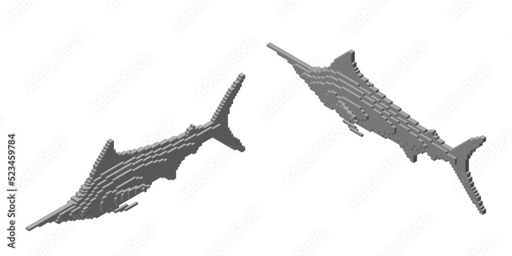 Fototapeta premium Marlin made from cubes. Voxel art. Futuristic concept. 3d Vector illustration. Isometric projection.