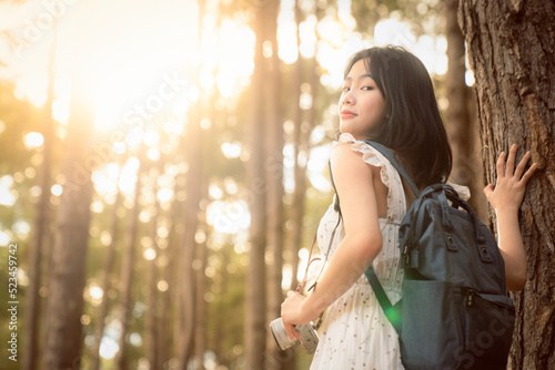 Asian girl travel and walk on the bridge at Pang umg park, Pangung