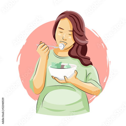 Pregnant woman eating healthy food for herself and baby smiling filling delighted cheerful
