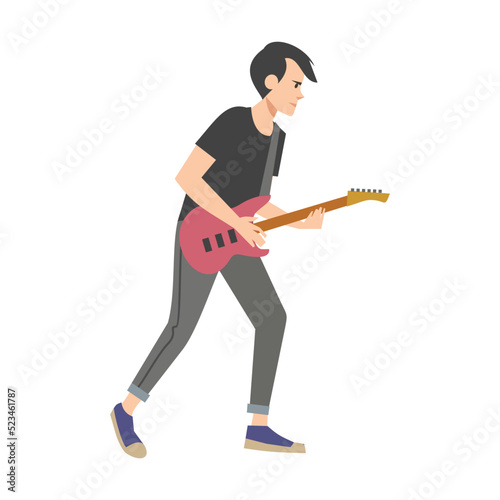 Guitar player star performing on stage flat vector illustration. Crowd listening band concert and musicians playing song for people. Lifestyle and music