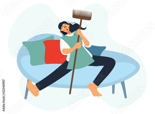 Tired funny woman on the sofa with a mop. Vector flat design of an exhausted girl with bulging eyes and outstretched legs. Female character resting. Home routine, overexertion, overwork at work.