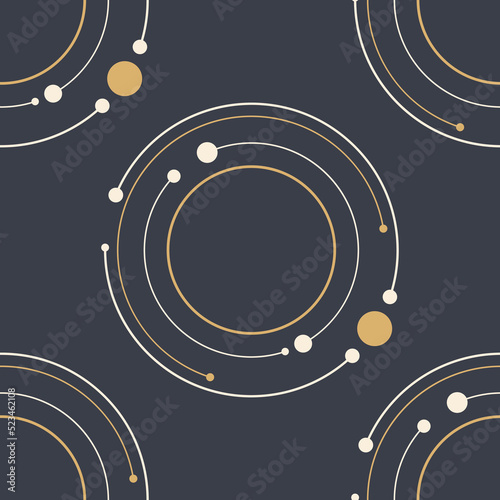 Abstract geometric seamless vector pattern with circles, lines in circle form, dots. Design elements. Geometric abstract shapes. Vector color illustration.