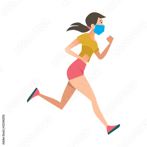 Active sport girl in face masks running outdoors. Man and woman jogging during coronavirus outbreak. Vector illustration for fitness, exercising, epidemic concept