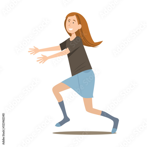 Teenage girl runs and pulls her arms forward. Flat vector isolated on white background