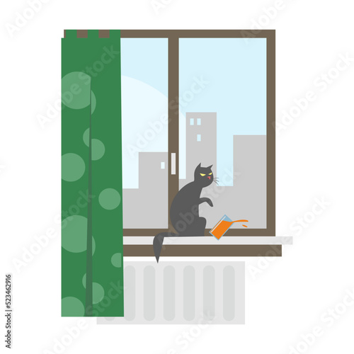 Apartment building facade with cat in window. Vector illustration for staying at home