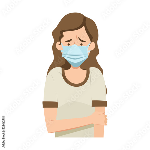 Coronavirus panic concept. Stressed anxious woman wearing face masks against virus. Vector illustration for lockdown