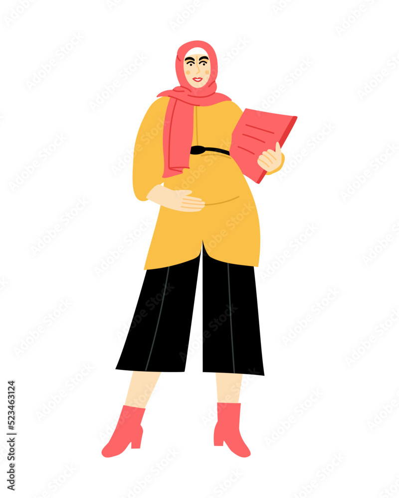 Pregnant muslim woman holding a documents in her hand. Expectant mother in hijab combining work and motherhood. Vector flat illustration Pregnant muslim woman holding a documents in her hand. Expectant mother in hijab combining work and motherhood. Vector flat illustration
