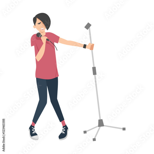 Popular rock star performing on stage flat vector illustration. Crowd listening band concert and musicians playing song for people. Lifestyle and music