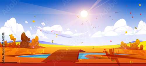 Cartoon autumn nature landscape, scenery background with wooden bridge over the small pond, orange colored field with bushes and bright sun shine in blue cloudy sky, natural scene, Vector illustration