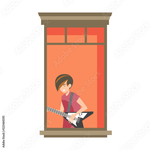 Apartment building facade with neighbor people and cats in open windows. Teenager playing rock guitar. Vector illustration for staying at home