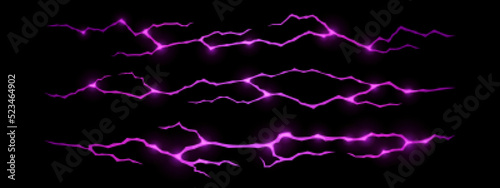 Ground cracks with purple light inside top view. Vector cartoon texture of horizontal breaks in land surface with magic glow or lightnings isolated on black background.
