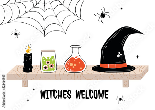 Shelf with halloween elements. Inscription witches welcome. Vector illustration