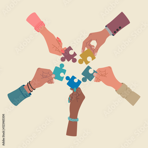 Group of hands connect puzzle pieces. Collaboration concept. Teamwork, partnership. Hand drawn vector illustration isolated on light background. Modern flat cartoon style.