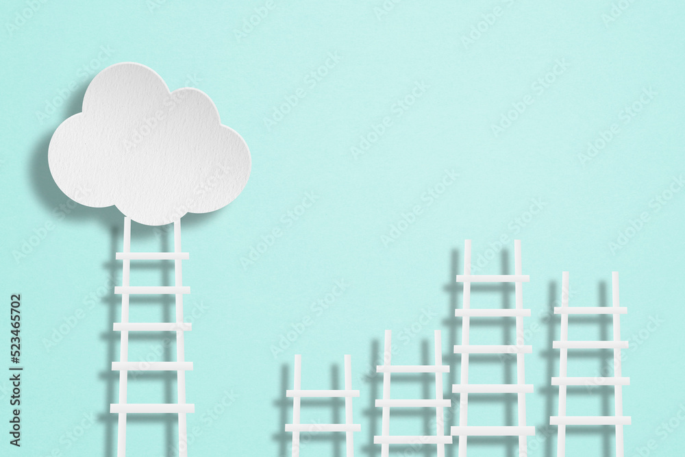 Business goal, strategy concept, white clouds paper cut with ladders on grunge green texture background Business goal, strategy concept, white clouds paper cut with ladders on grunge green texture background