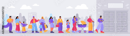 People crowd standing in queue to entrance in shop, business office, museum or cinema. City landscape with different characters waiting in long line outside building doors, vector flat illustration