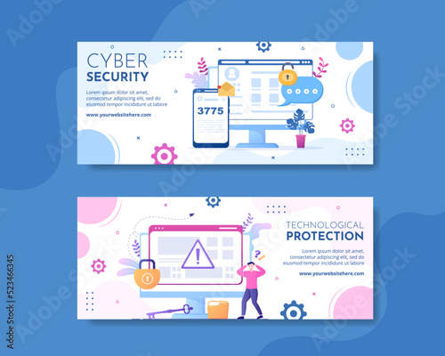 Cyber Security Horizontal Banner Template Hand Drawn Cartoon Flat Illustration