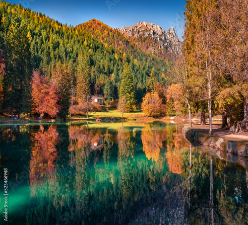 Exciting autumn view of Welsperg lake. Attractive outdoor scene of Tonadico, Province of Trento, Italy, Europe. Wonderful landscape of Dolomite Alps. Beauty of nature concept background.