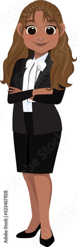 Flat icon with African American cute businesswoman cartoon character in office style smart black suit and crossed arms pose.