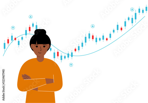 A woman on the background of a Forex chart. Conceptual illustration on the topic of strategic planning in trading on the stock exchange.