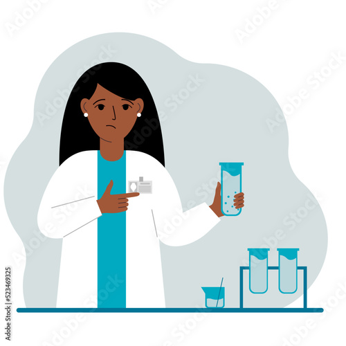 Female scientist with flasks. Experimental scientist, laboratory assistant, biochemistry, chemical, scientific research.