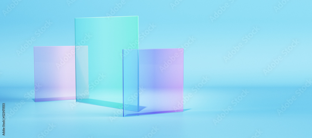Abstract colorful round glass on light blue background. Decor and design banner concept. 3D Rendering. Abstract colorful round glass on light blue background. Decor and design banner concept. 3D Rendering.