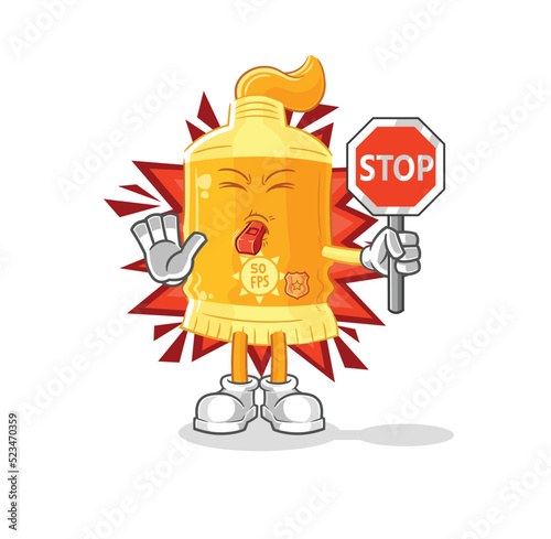 sunscreen holding stop sign. cartoon mascot vector