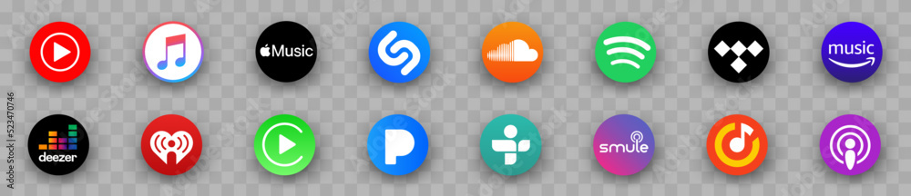 Apple music, spotify, youtube music, soundcloud, deezer, tidal, amazon  music, smule, google. Popular music songs streaming brand. SoundCloud - a  set of logos for popular music streaming services. Stock ベクター | Adobe Stock