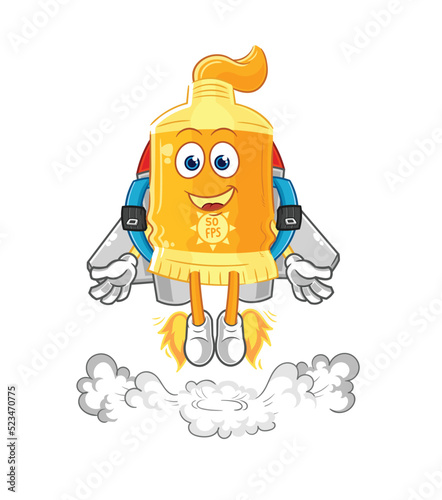 sunscreen with jetpack mascot. cartoon vector