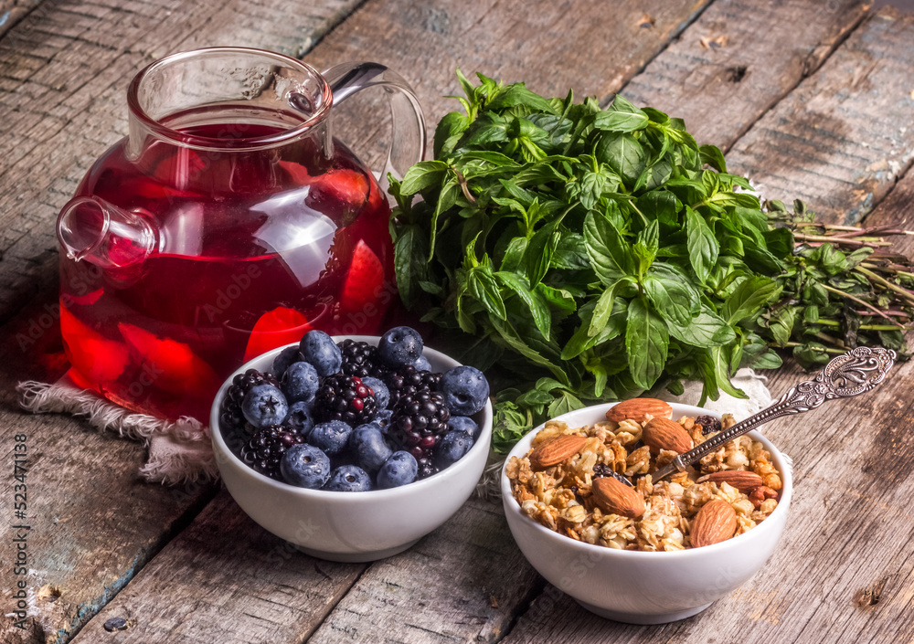 Muesli with almonds, berries and fruit tea