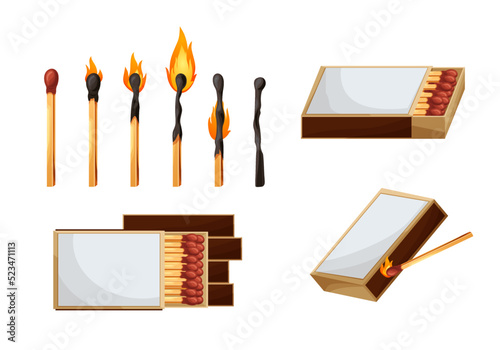 Match box with burnt sticks. Set of matchsticks with sulfur head flaming stages from ignition to extinction. Cartoon spark bonfire vector illustration