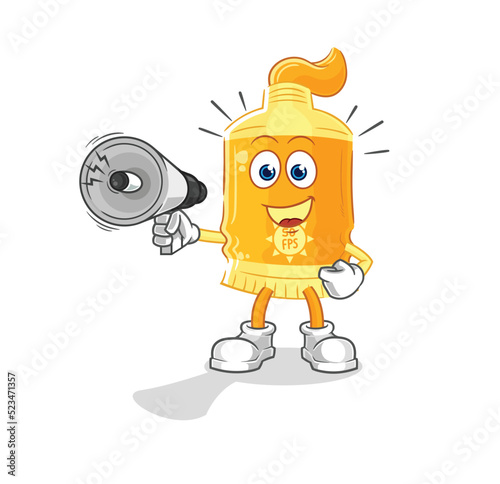 sunscreen holding hand loudspeakers vector. cartoon character