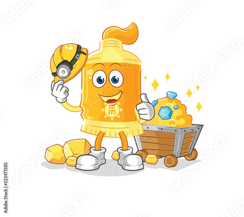 sunscreen miner with gold character. cartoon mascot vector