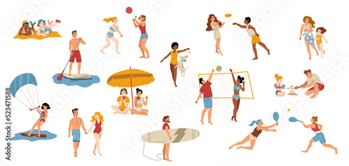 People on beach isolated set. Men, women and kids characters performing summer sports and leisure outdoor activities at sea or ocean shore, playing games, water sport Line art flat vector illustration