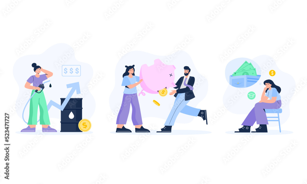 Financial crisis illustrations set. Stressed characters, office workers with economic, investment, and business problems. Price growth, losing savings, poverty. Vector isolated illustrations.