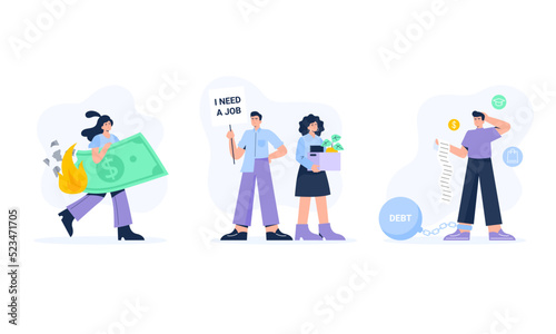 Financial crisis illustrations set. Stressed characters, office workers with economic, investment, and business problems. Inflation, unemployment, debt. Vector isolated illustrations.