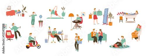 Man routine, daily life, schedule habits set. Male character sleep, brushing teeth, exercising, eat breakfast, dress up, go at job, work in office, shopping, relax, Line art flat vector illustration