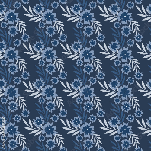Blue vector flower and leaves seamless pattern. Abstract floral background illustration. Summer holiday backdrop. Wallpaper, fabric, textile, print, wrapping paper or package design.