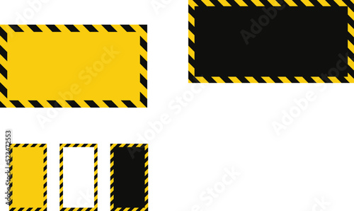 Warning frame with yellow and black diagonal stripes. Rectangle warn frame. Yellow and black caution tape border. Vector illustration on light background.