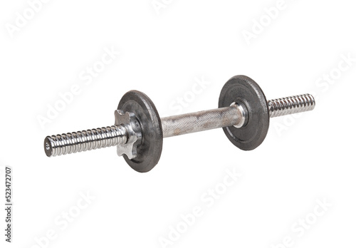Metal, slightly rusty stacked dumbbell isolated on a white background