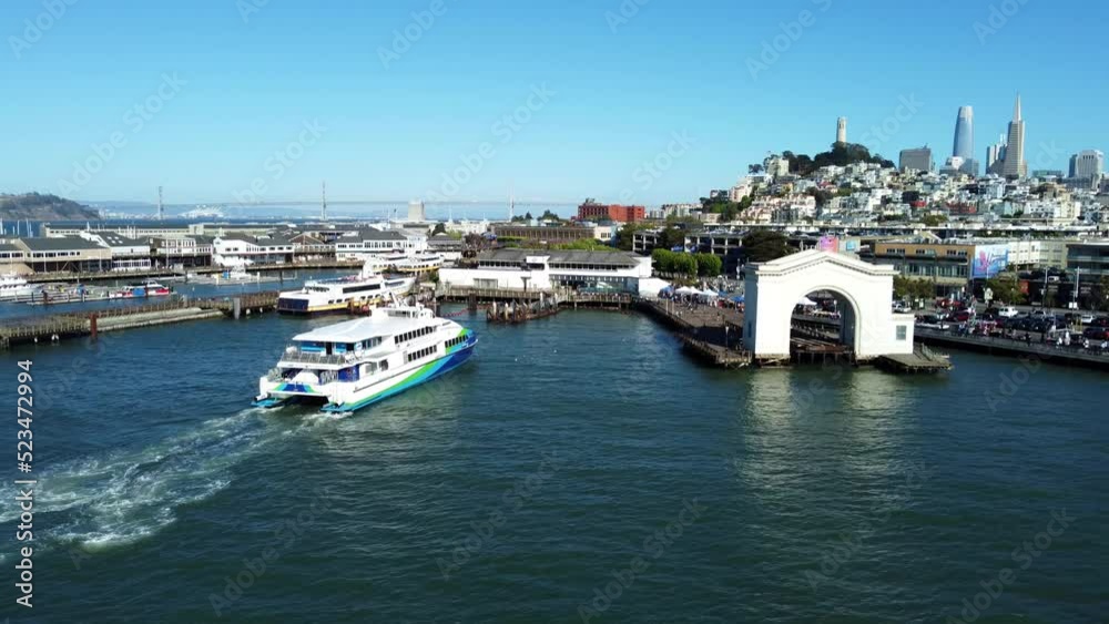 Aerial Shot Of Ferry Boat Trip Heading To Drop Passengers In San Francisco Marina, California Aerial Shot Of Ferry Boat Trip Heading To Drop Passengers In San Francisco Marina, California