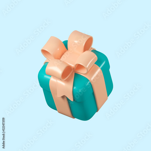3d isolated vector gift box realistic cartoon design element. Isolated blue surprise giftbox on the light background