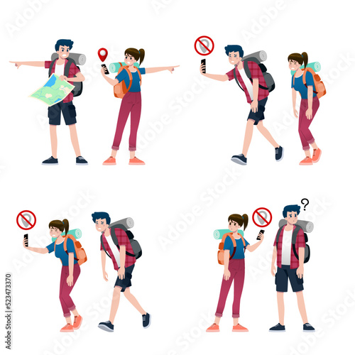 Young happy man and woman tourists flat cartoon character. Around the world traveling male and female people on a summer vacation trip, Isolated on white background.