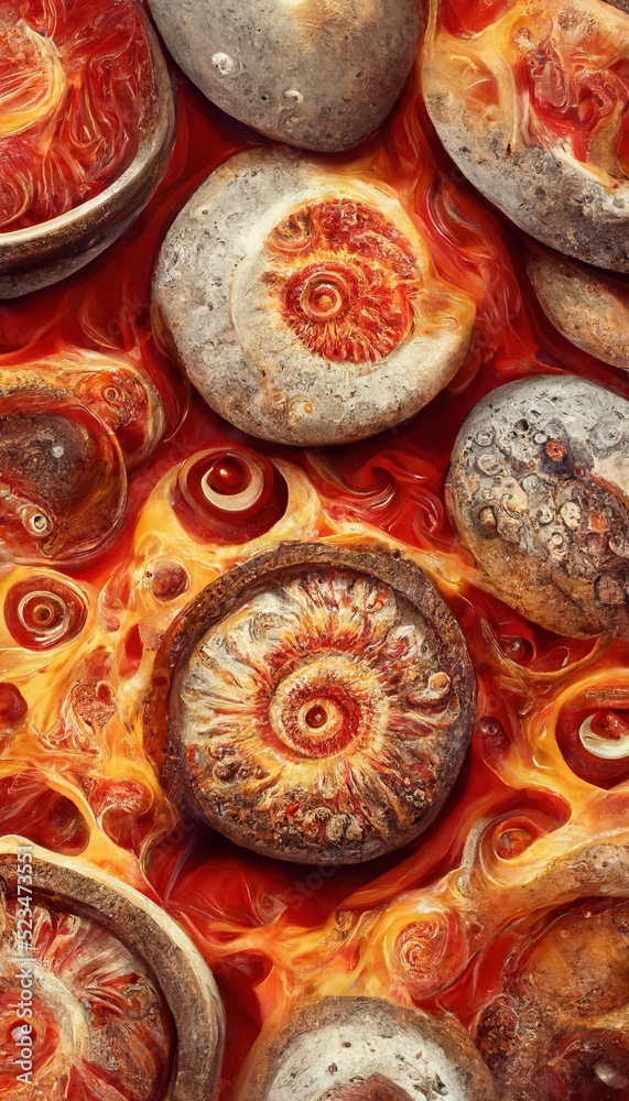 Deep dish ammonite pepperoni pizza in delectable surrealism - cravings of thicker cheddar cheese and dreams of more tomato paste swirls. Red hot and  very unusual creative patterns series.