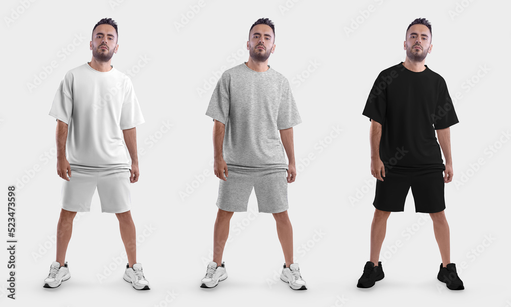 Template white, black, heather oversized t-shirt, shorts on a brutal man in sneakers, folded clothes front view, for design. Template white, black, heather oversized t-shirt, shorts on a brutal man in sneakers, folded clothes front view, for design.